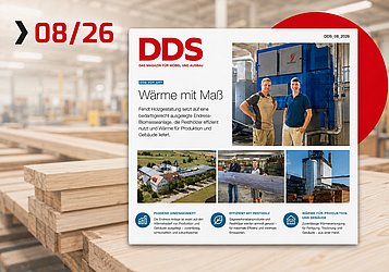 Titelseite des Magazins DDS, Ausgabe 08/2026, mit dem Artikel „Wärme mit Maß“ über die Endress-Biomasseanlage bei Fendt Holzgestaltung