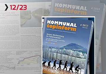 Titelseite des Kommunalmagazins Kommunal topinform, Ausgabe 4/2023 Winter, mit Winterlandschaft und dem Titelthema „Baden-Württemberg im Zeitenwandel“